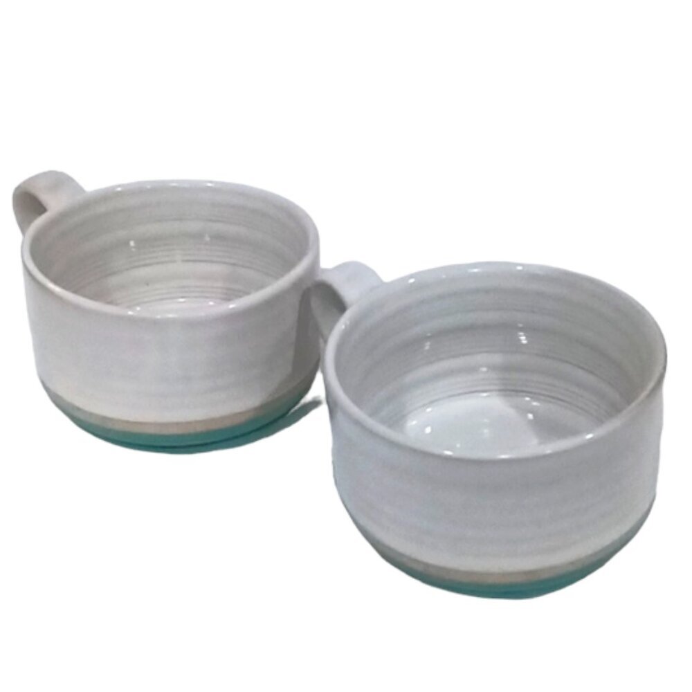 Two PC Brand Large Soup Bowls / Mugs with Handles White with Green‎ Base